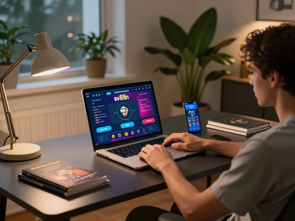 Player engaging with sv88n online gambling interface in stylish home setup