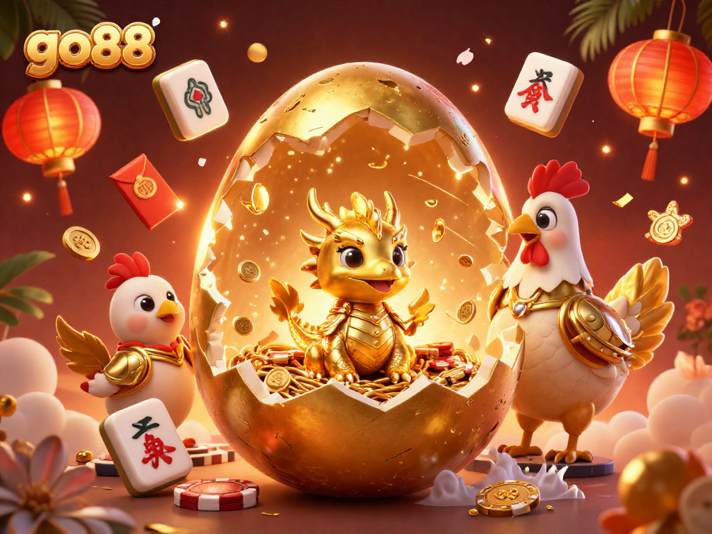 Experience the thrill of go88 with a majestic golden dragon on poker chips amid celebratory casino elements.