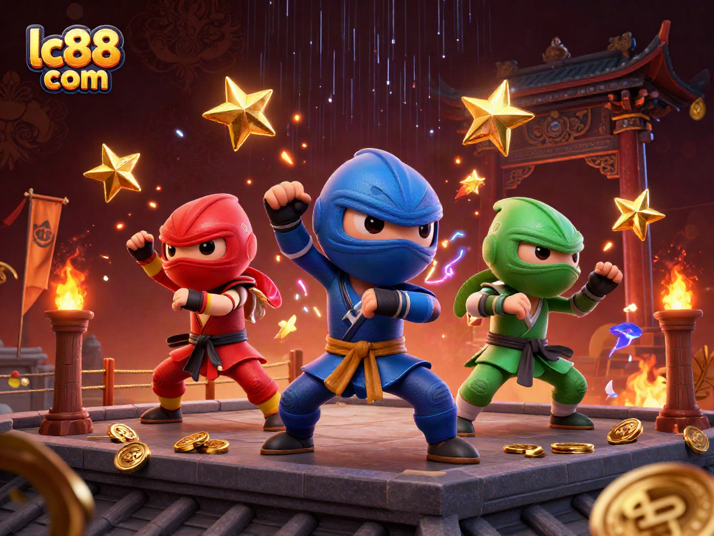 Engage in thrilling action at lc88 com with a vibrant 3D animated scene featuring ninja chameleons and dynamic game elements.