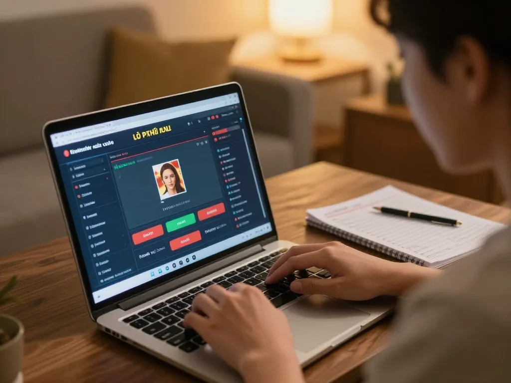 A person engaged in lô đề trực tuyến on a laptop, strategizing in a cozy home setting.
