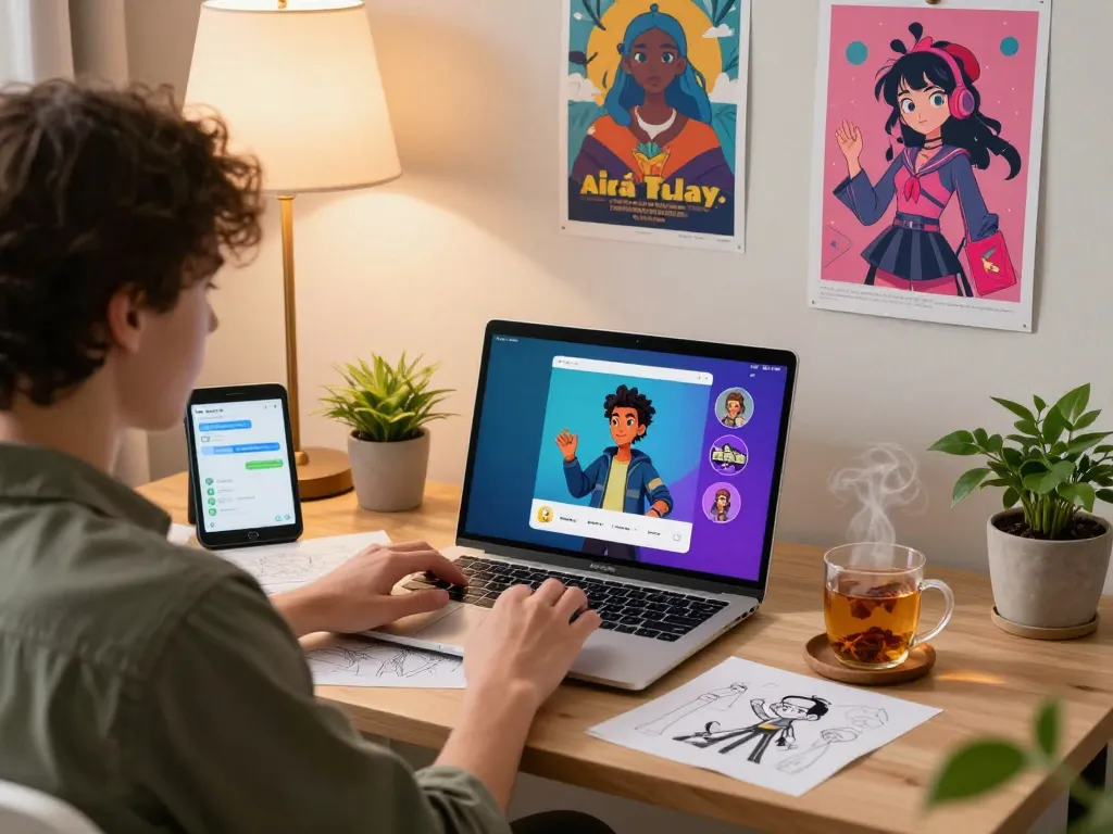 Engaging chat with crushon AI character on a cozy desk setup, showcasing creativity.