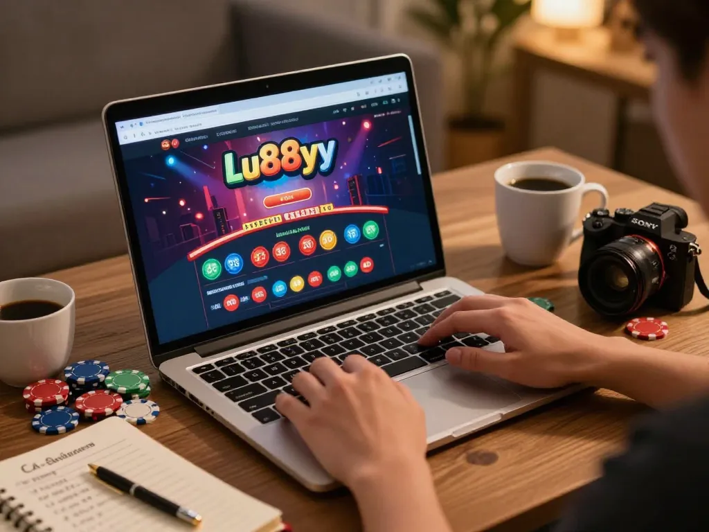 Engaging in online gaming at lu88yy with laptop display and colorful chips.