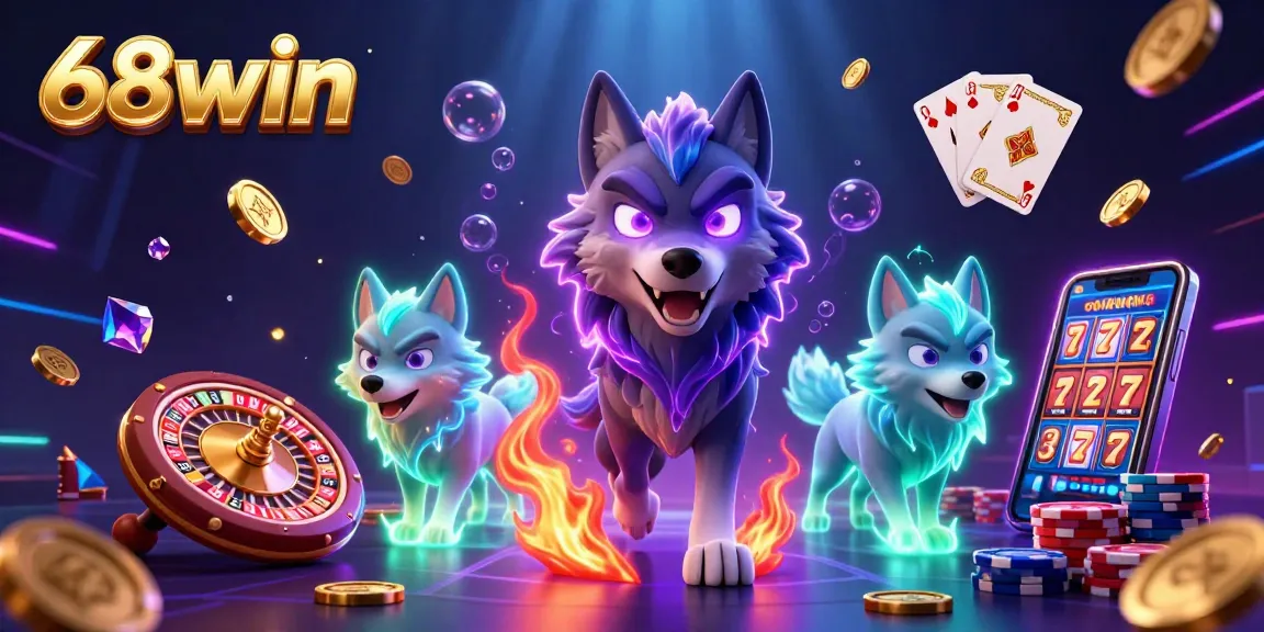 Experience the thrill of 68win with a 3D illustration showcasing exciting casino elements and ghostly wolves.