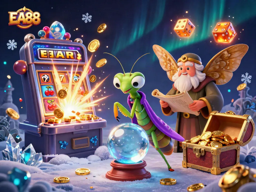 Spin the reels at EA88 with a vibrant scene featuring cartoon fortune tellers and winning symbols.