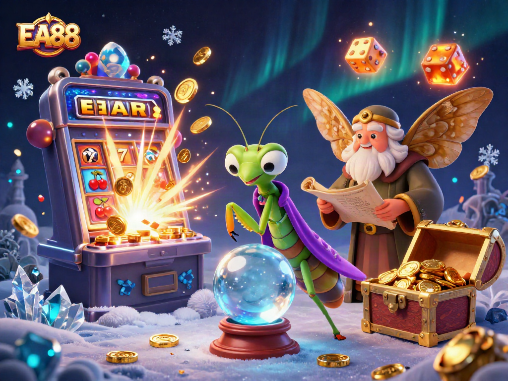 Spin the reels at EA88 with a vibrant scene featuring cartoon fortune tellers and winning symbols.