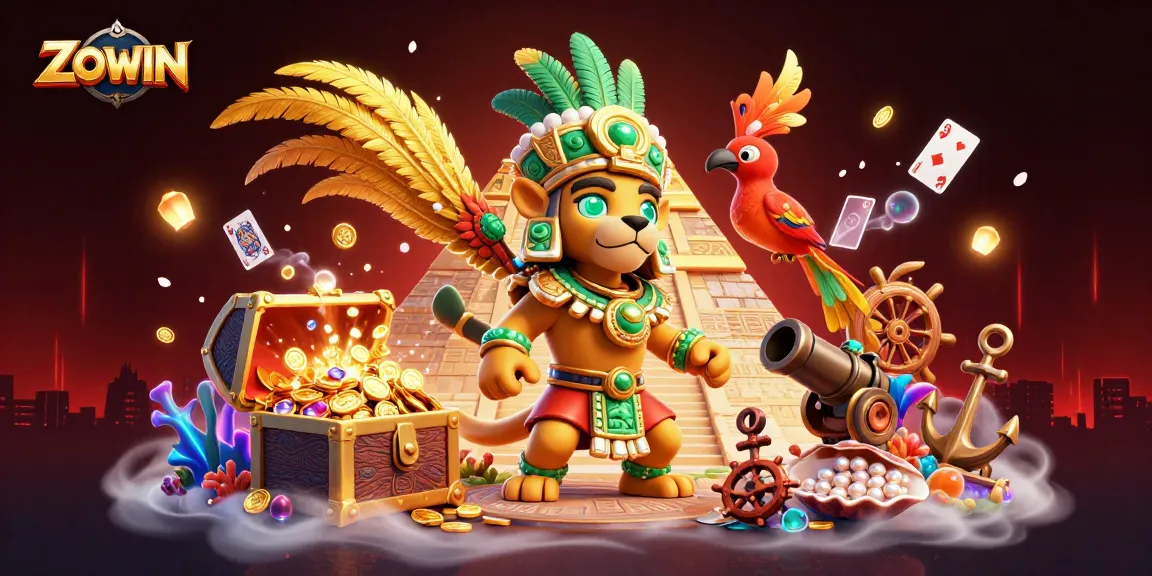 ZOWIN displays a vibrant casino scene with Mayan priest, glowing treasures, and game elements.