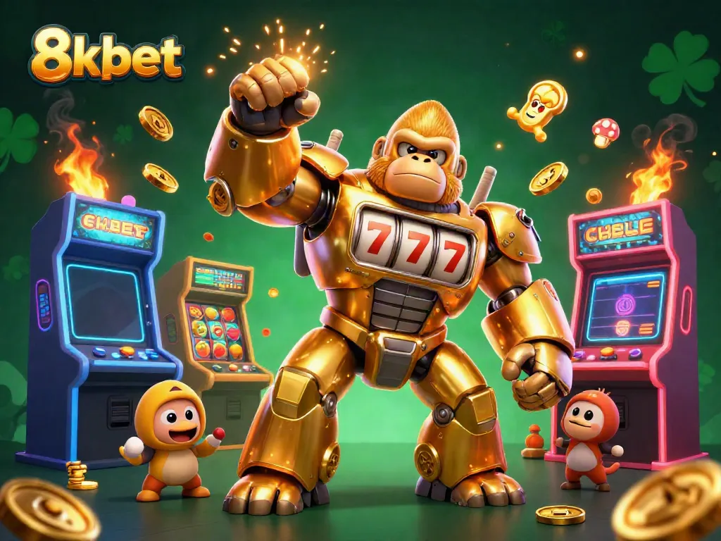 Experience the thrill of winning at 8xbet with an exciting golden gorilla mech and dynamic arcade elements.