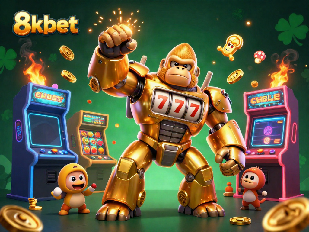 Experience the thrill of winning at 8xbet with an exciting golden gorilla mech and dynamic arcade elements.