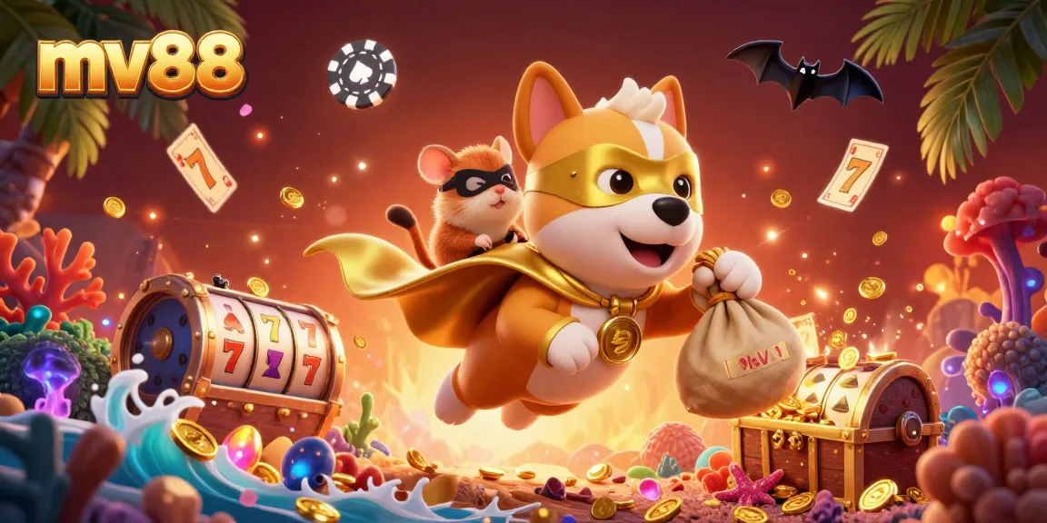 Interactive gambling scene showcasing mv88 with a superhero dog and hamster amidst slot reels and gold coins.