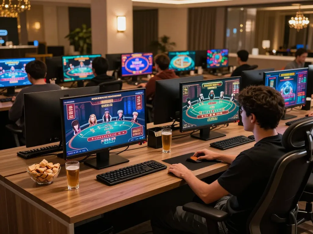 Engaging online gaming scene featuring mubet gameplay with multiple screens and a cozy atmosphere.