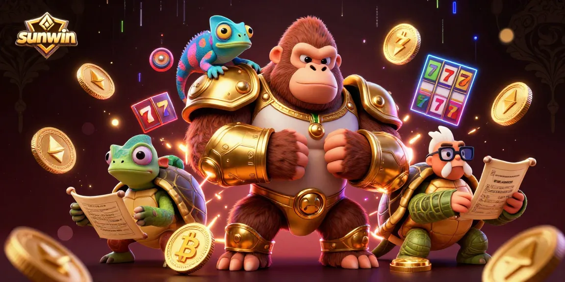 Sunwin gaming illustration showcasing a gorilla king in armor and a colorful chameleon in a vibrant casino scene.