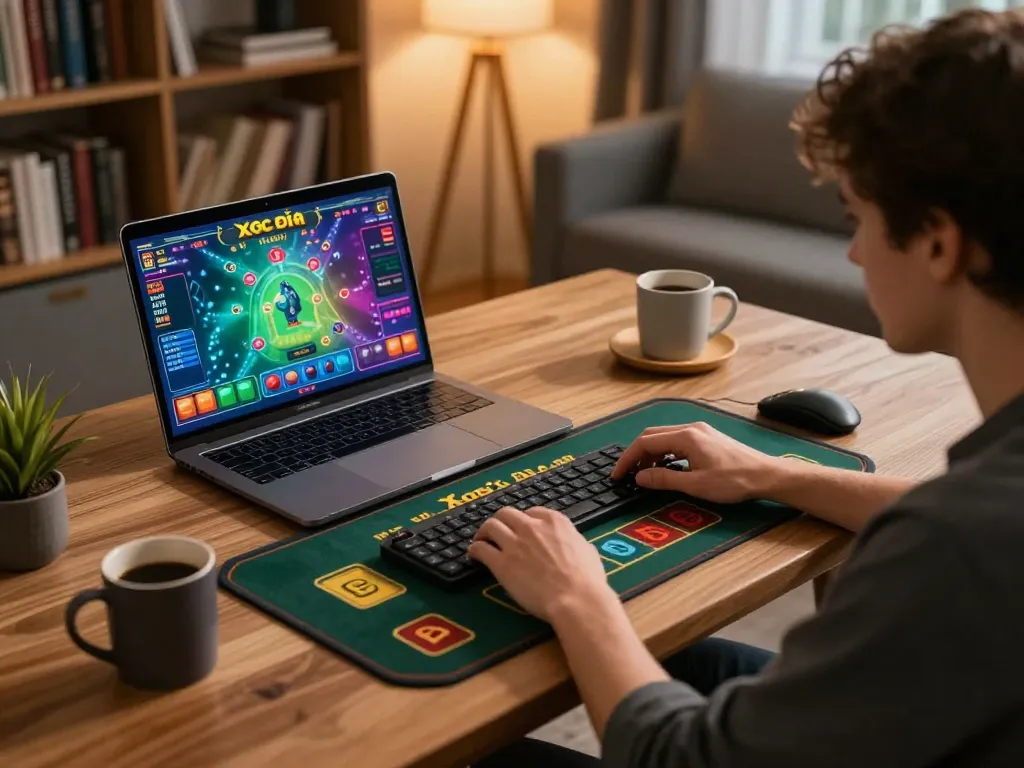 Xóc đĩa online game session with player focused on betting strategies at home.