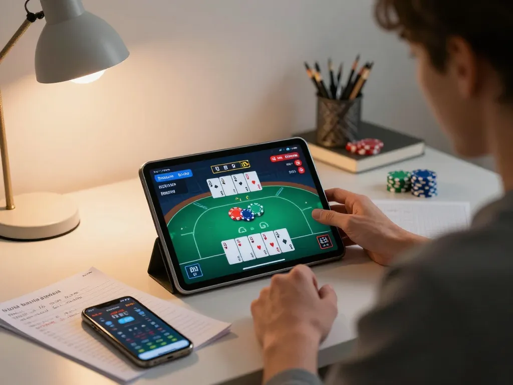 Player enjoying a poker game on dagago app in a cozy home office setting, showcasing strategic gameplay atmosphere.