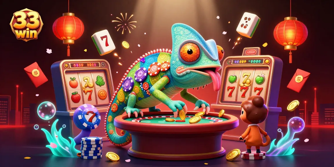 Experience the excitement of 33 win with vibrant casino action, featuring chameleon character and jackpot slots.