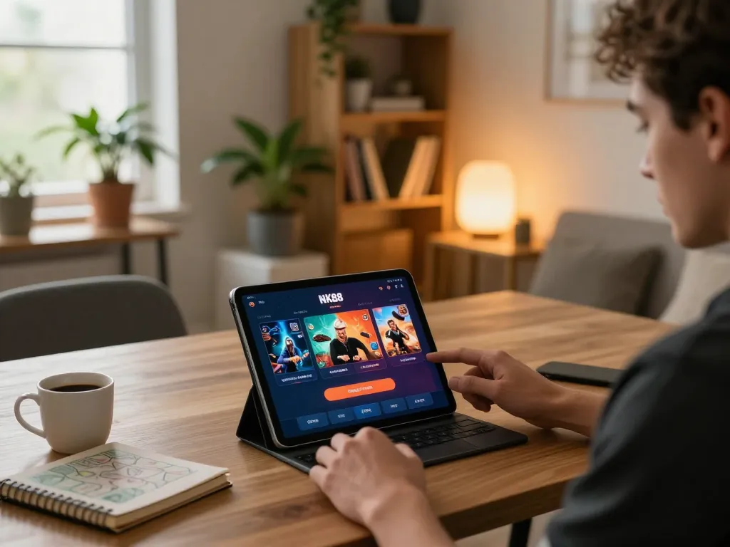 Navigating the NK88 app for exciting online gaming with a cozy setup featuring a tablet