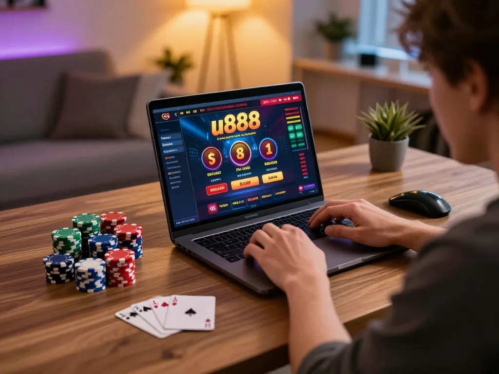 Player engaging with u888 online casino on laptop, showcasing a modern gaming environment.