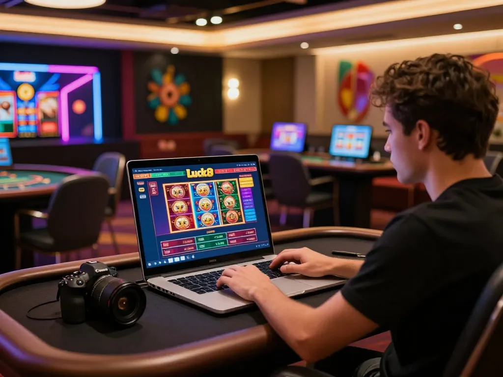 Engaged player using Luck8 app for online gaming, showcasing dynamic casino atmosphere.