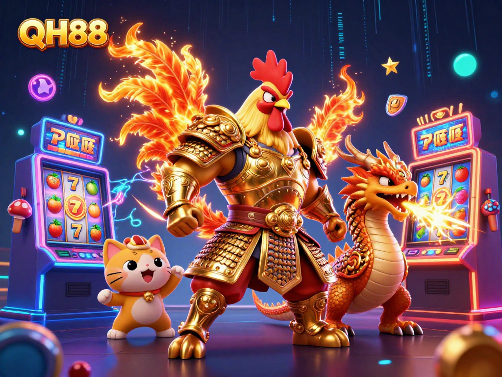 QH88 showcases an exciting scene with a rooster warrior, dragon hatchling, and fortune cat amidst vibrant slot machines.