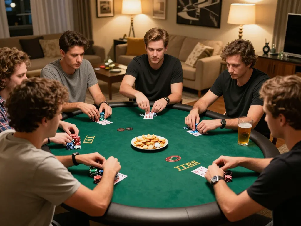 Friends enjoying an intense home poker night with uk88s strategies in focus, chips and cards visible.