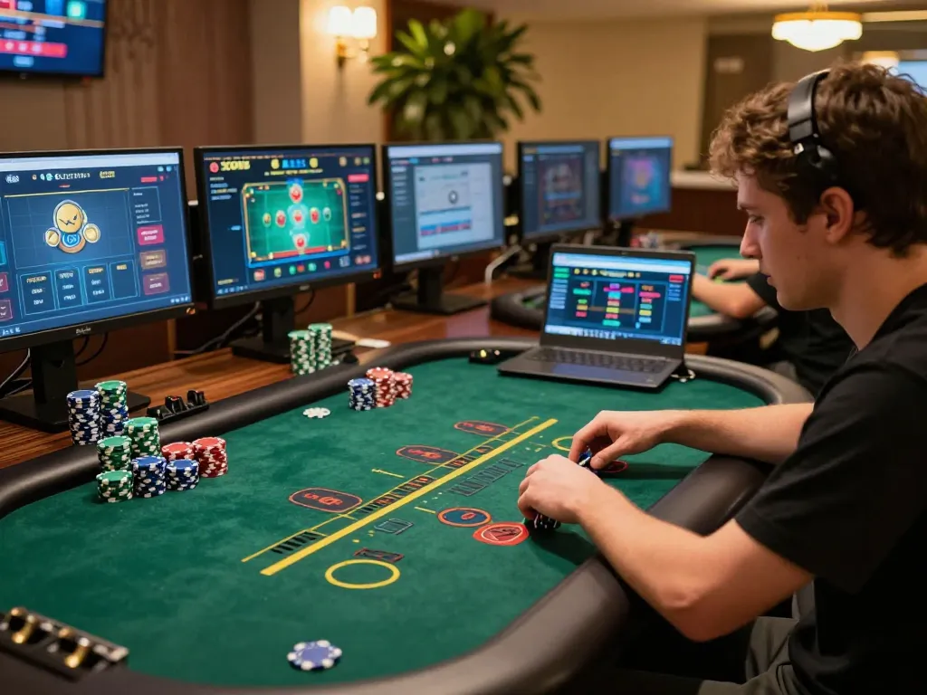 rik88 player enjoying a dynamic blackjack game online with laptop, chips visible, cozy atmosphere