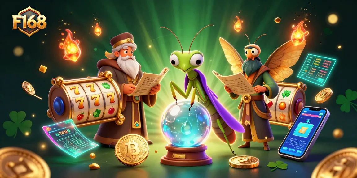 F168 players winning big with a mystical fortune teller and a wise librarian amidst vibrant slot gaming elements.