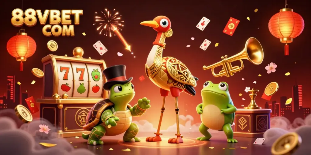 Experience vibrant gaming at 88VBET COM with our dynamic casino illustration featuring rich details and playful characters.