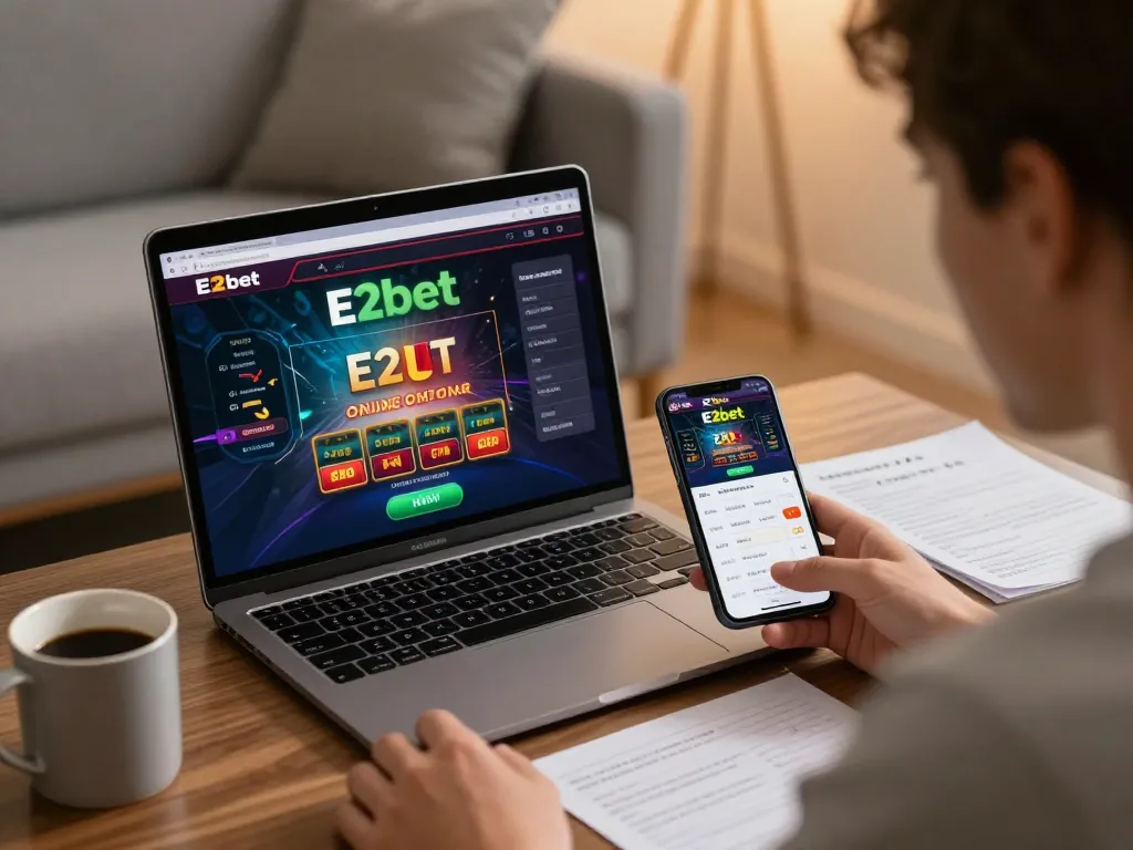 E2bet online casino gameplay on laptop, with focused player and notes for effective betting strategy.