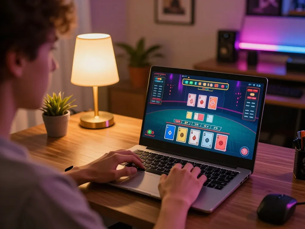 Player engages in strategic online blackjack game at BJ88, showcasing an exciting home gaming setup