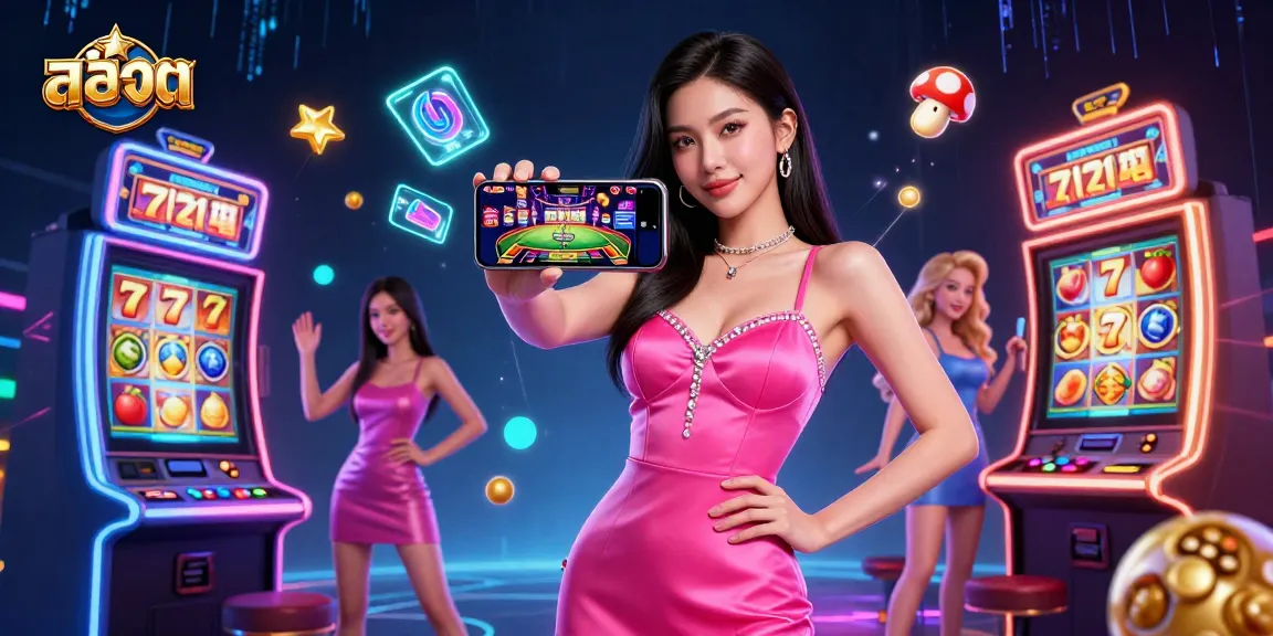 Experience exciting สล็อต gameplay with a stunning Asian woman showcasing live dealer action on her smartphone amidst vibrant casino elements.