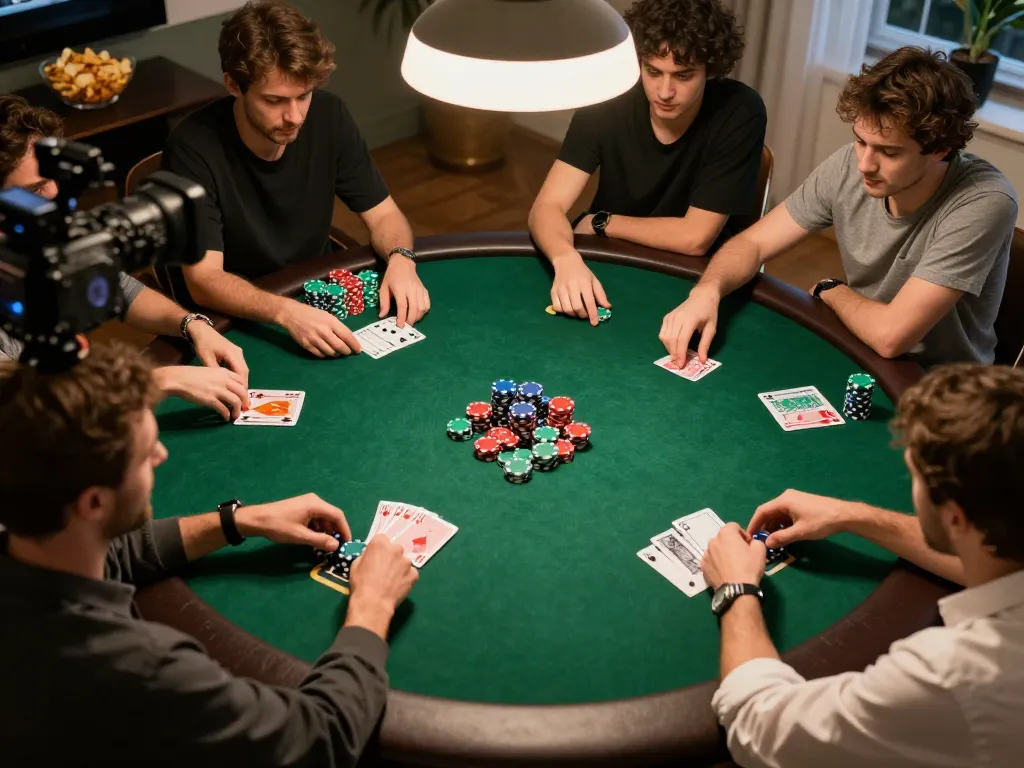 Players engaging in intense strategy using MM88 poker chips during a home game night.