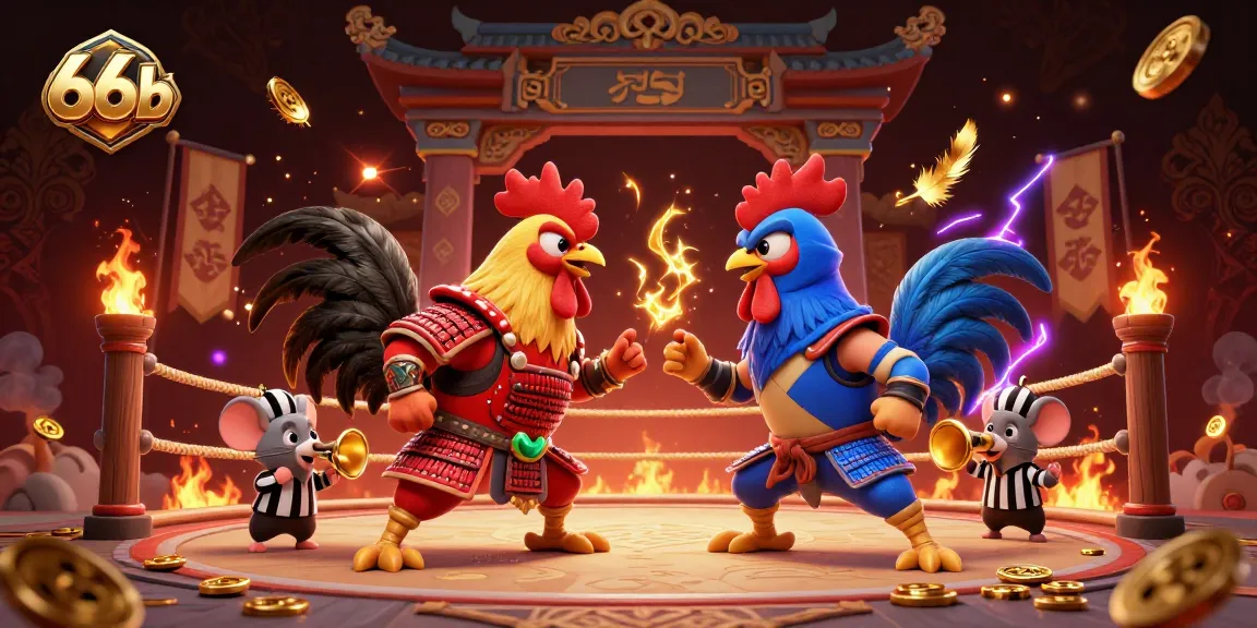 Experience the thrill of cockfighting with 66b's dynamic illustration featuring roosters in battle.