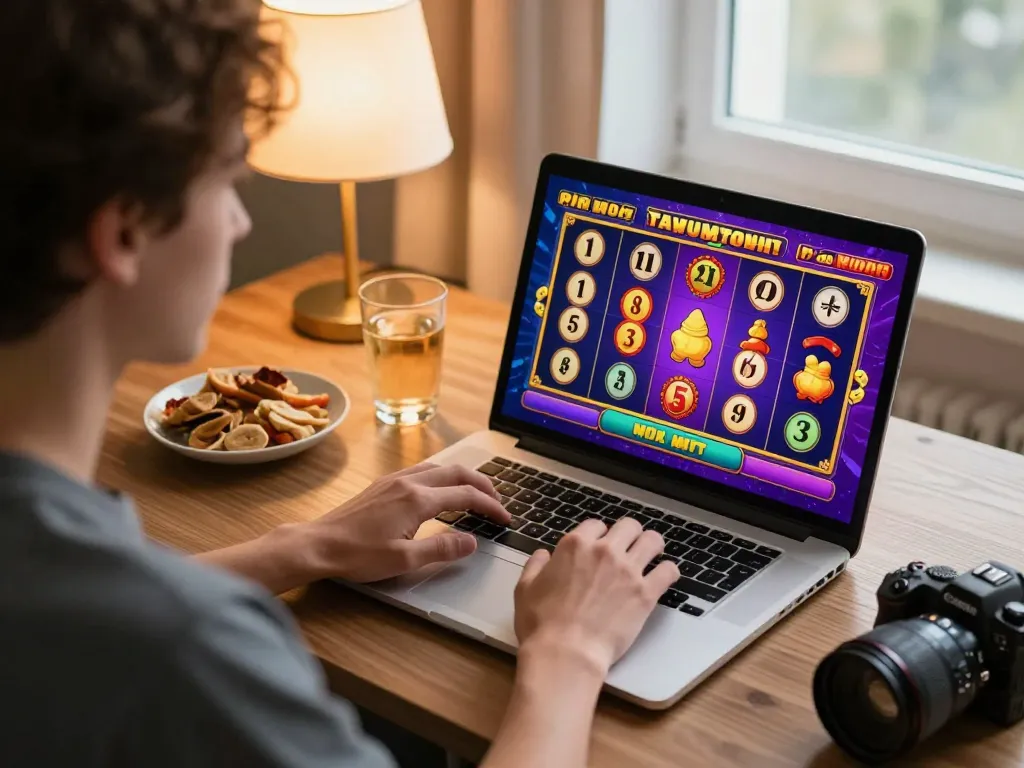 Player enjoying an exciting slot game on 58wiin platform from home, showcasing modern gaming setup and snacks.