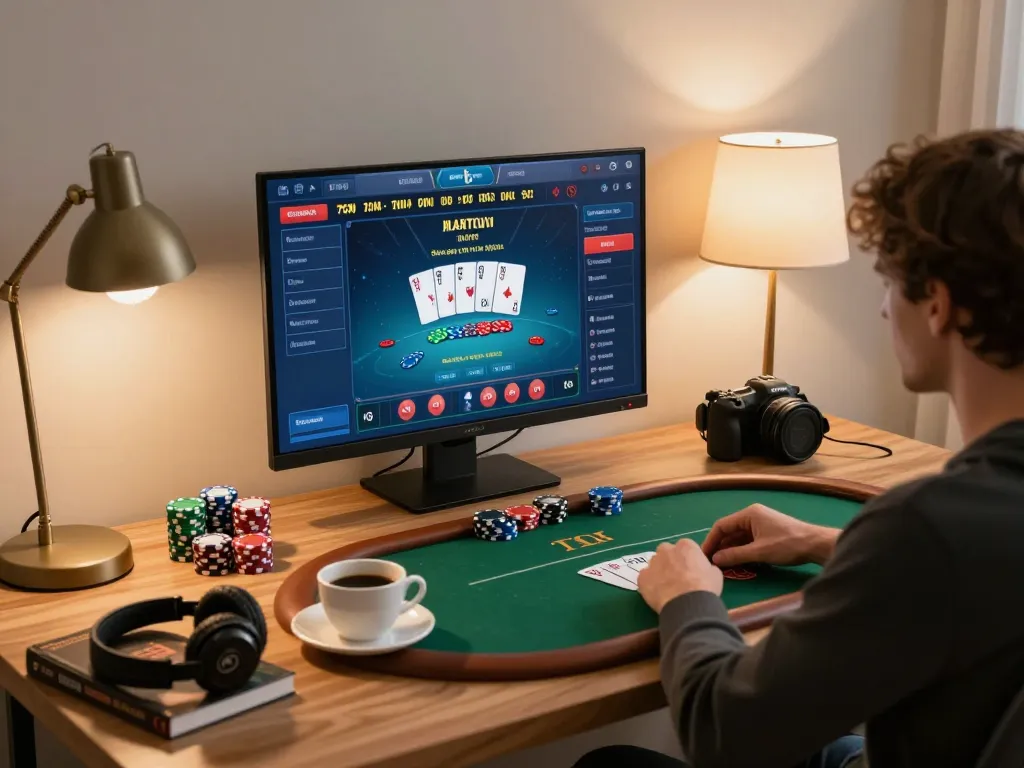 LC88 player engaging in strategic online poker gameplay from home, showcasing immersive gaming setup.