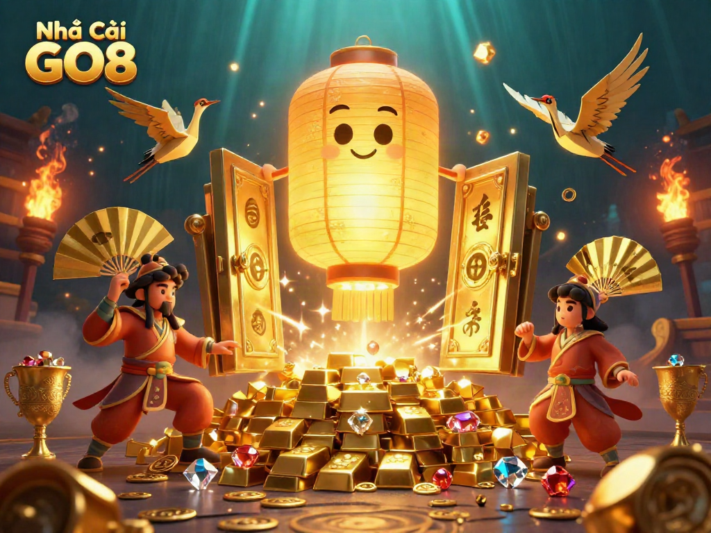 Courageously spin your fortunes at Nhà Cái GO8, featuring energetic golden characters and treasures in a dynamic casino scene.