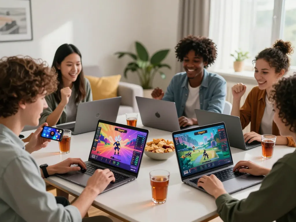Friends engaging with Sun win games in a vibrant living room, showcasing lively interaction and enjoyment.