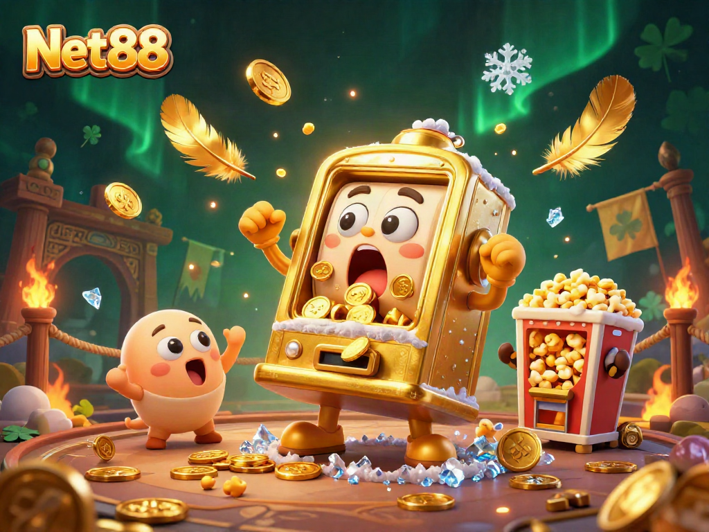 Net88 celebrates a jackpot win with a golden slot machine amidst cheering baby slots and glowing coins.