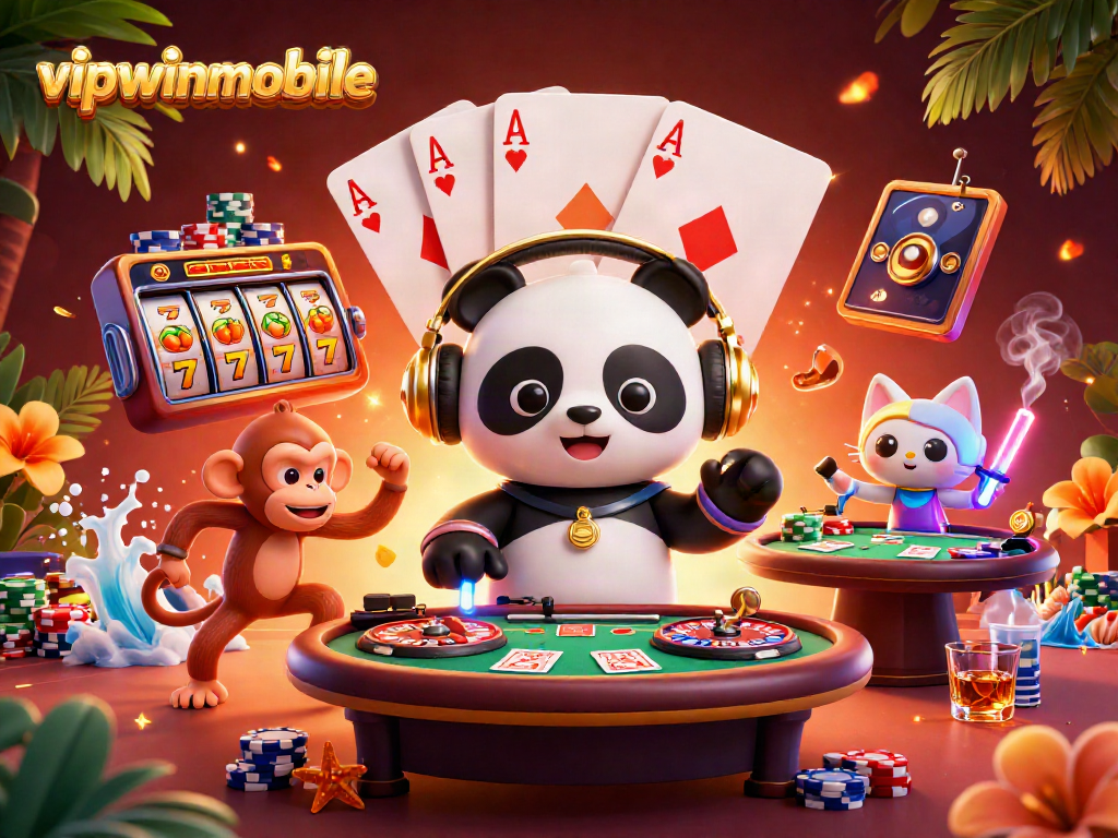 Experience excitement with vipwinmobile as DJ panda spins at a vibrant casino scene filled with poker and slot elements