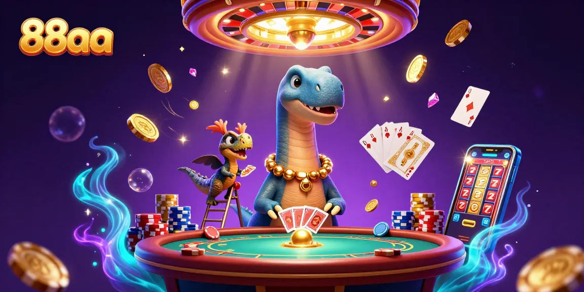 Engage with 88aa's vibrant casino scene featuring a towering brontosaurus and dynamic gaming elements.