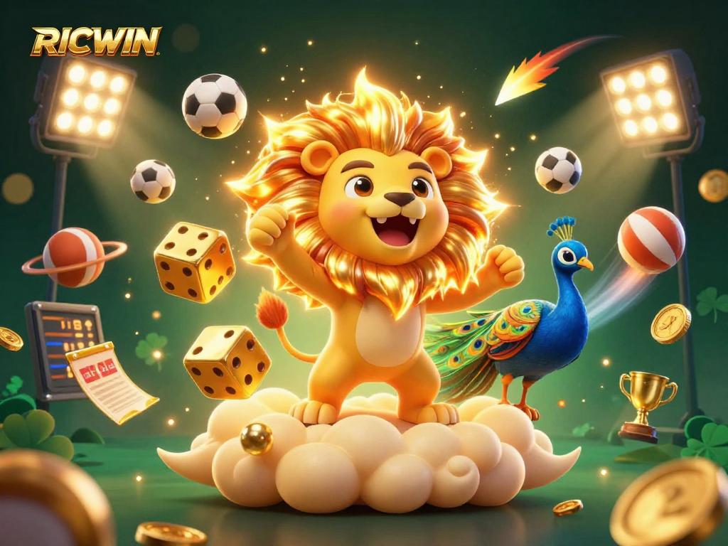 Engage in RICWIN's vibrant sports betting adventure with a dynamic 3D illustration showing the energetic sun lion amidst sports elements.