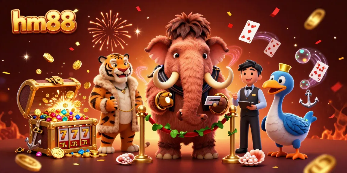 Experience gaming excitement at hm88 with a vibrant 3D illustration featuring a mammoth and VIP guests.