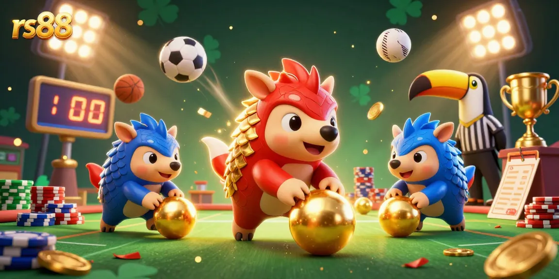 Experience thrilling gameplay at rs88 with dynamic pangolins and sports elements in a vibrant 3D illustration.