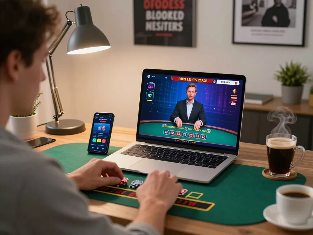 Engaging in live dealer blackjack strategy at https://tip88xyz.com/ from a cozy home office.
