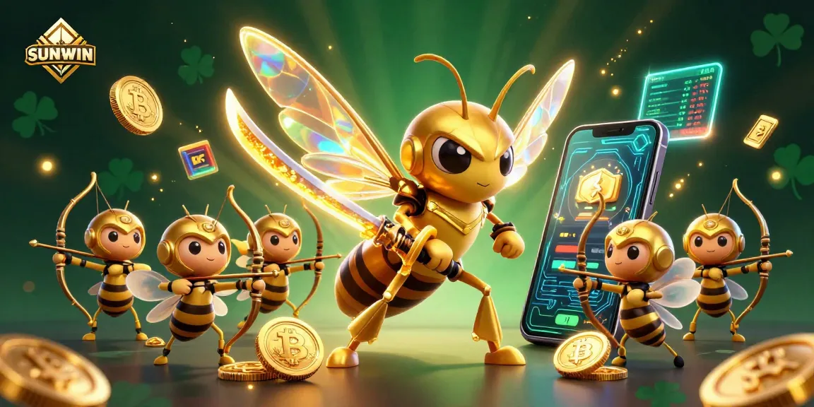 SUNWIN showcases a dynamic fantasy illustration of a golden hornet samurai amidst cryptocurrency visuals, emphasizing gaming excitement.