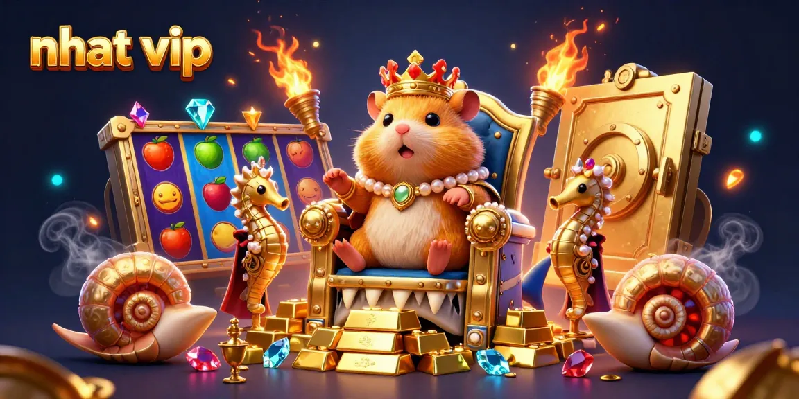 Nhat vip offers an exciting gold-filled slot gaming scene featuring a golden hamster king and vibrant casino elements.