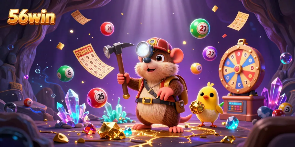Explore the thrilling 56win scene with a treasure hunter mole amidst a vibrant casino world.