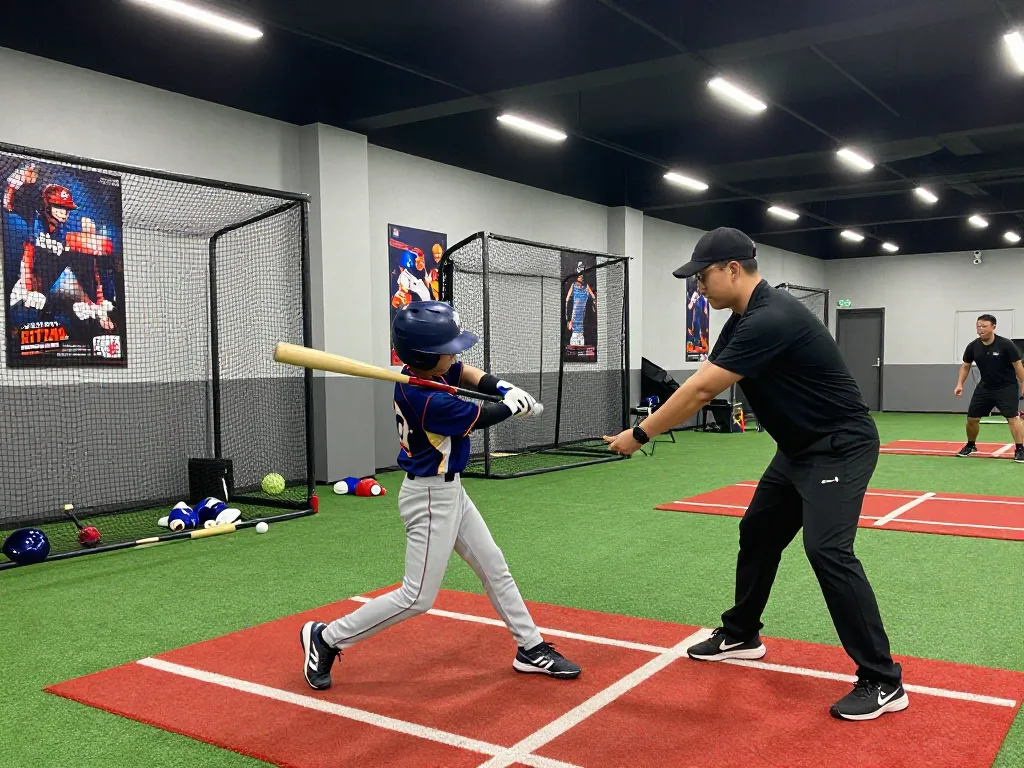 Young athlete training at Hit Club, practicing batting techniques with coach in vibrant indoor space.