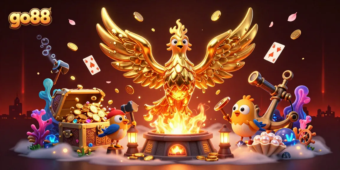 Experience winning moments with go88's dynamic casino illustration featuring vibrant games and golden treasures.