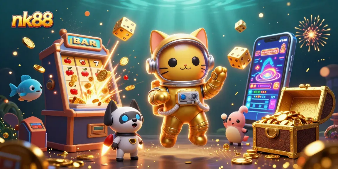 Spin and win with nk88 in this vibrant 3D casino scene featuring slot thrills!