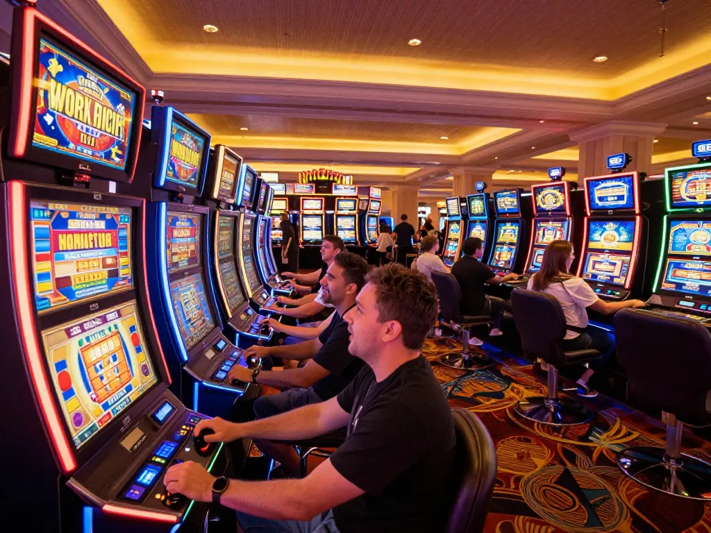 tr88 players engaging with colorful slot machines at lively casino floor