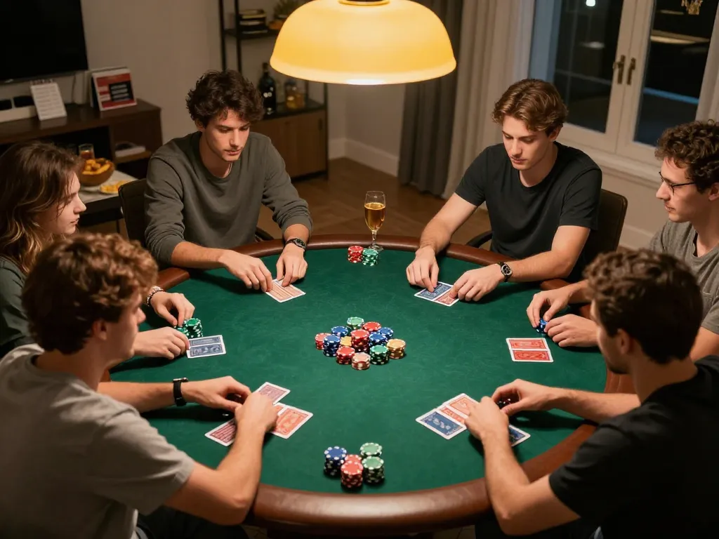 Players strategizing during a game night with 58win poker chips at the table.